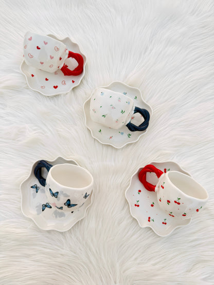 Hand-Painted Ceramic Cup & Scalloped Saucer Set
