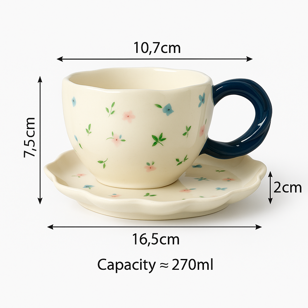 Hand-Painted Ceramic Cup & Scalloped Saucer Set