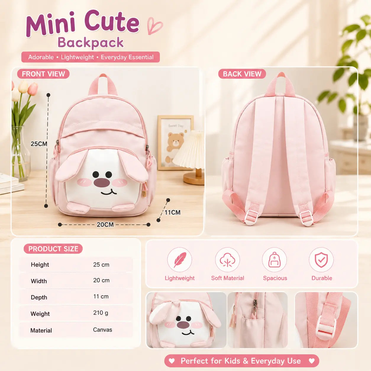 Puppy Mini Kids Backpack - Cute 3D Face School Bag