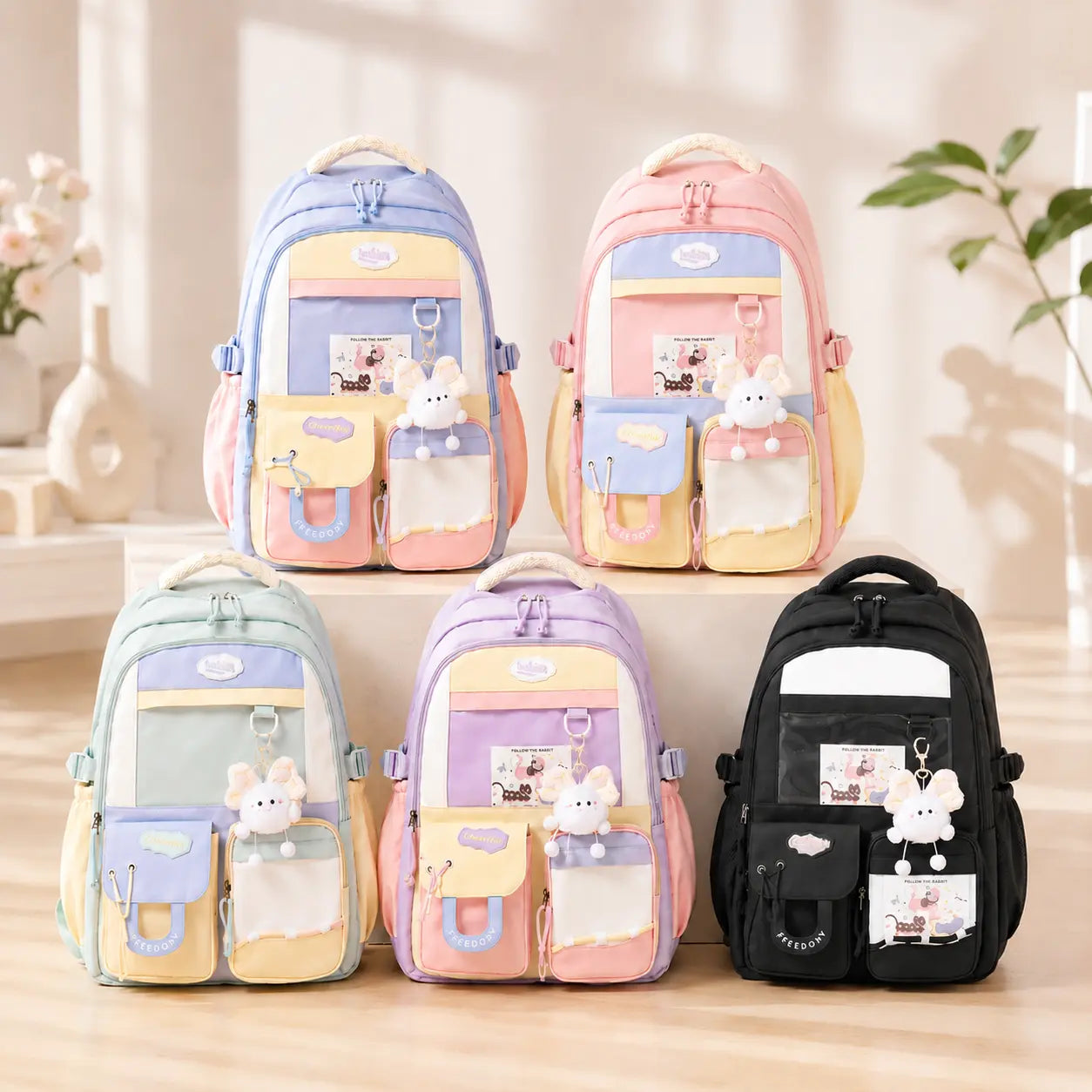 Large Capacity Pastel School Backpack for Girls with Charm