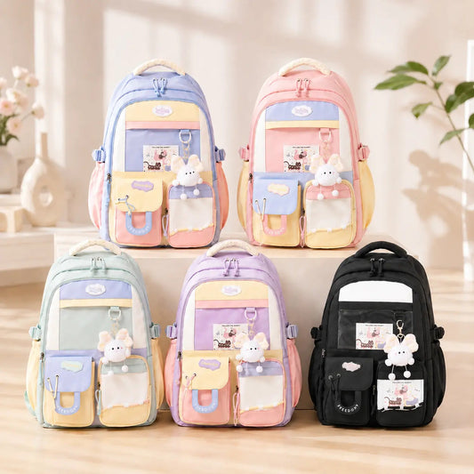 Large Capacity Pastel School Backpack for Girls with Charm