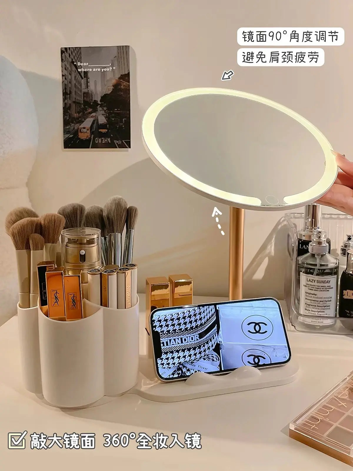 LED Vanity Mirror with Storage Organizer & Phone Holder