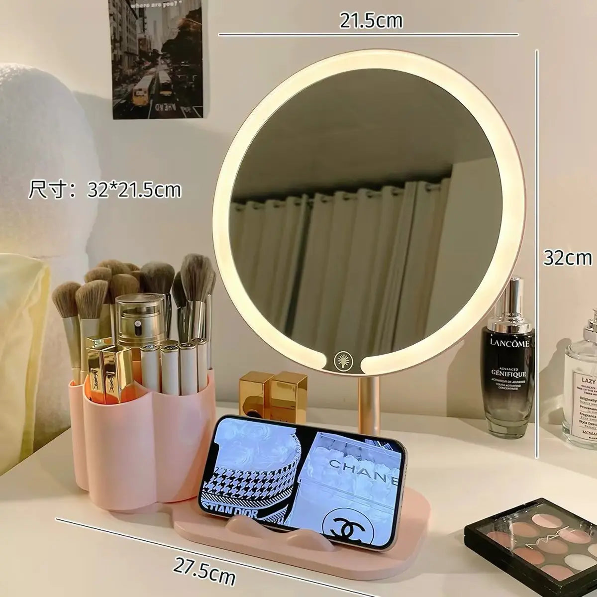 LED Vanity Mirror with Storage Organizer & Phone Holder