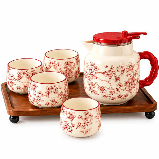 Red Floral Ceramic Teapot & 4 Cups with Wood Tray