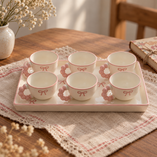 Mini Pink Bow Ceramic Espresso Cups with Tray – 6pc