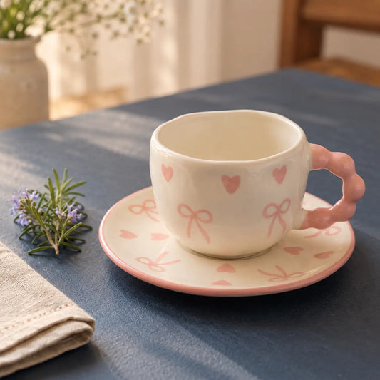 Pink Heart & Ribbon Ceramic Teacup with Saucer