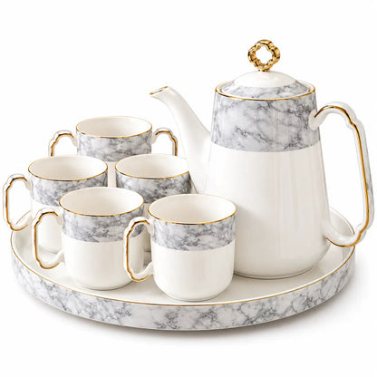 Grey Marble Ceramic Tea Set with Gold Trim – 7pc