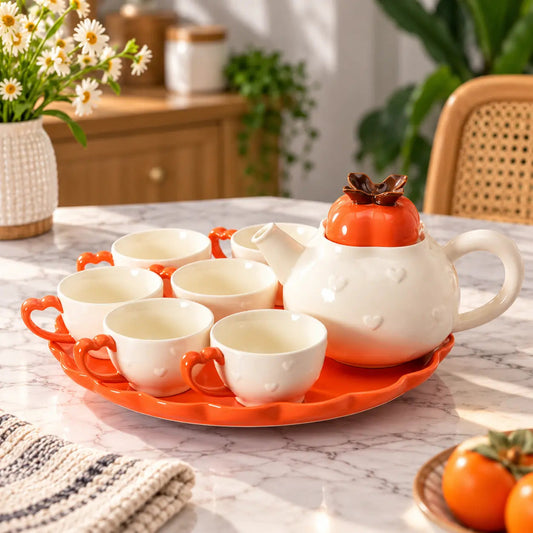 Orange Heart Ceramic Tea Set with Tray – 8 Pieces