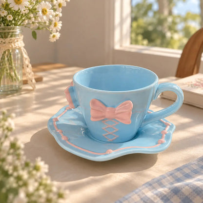 Pastel Bow Ceramic Teacup with Saucer