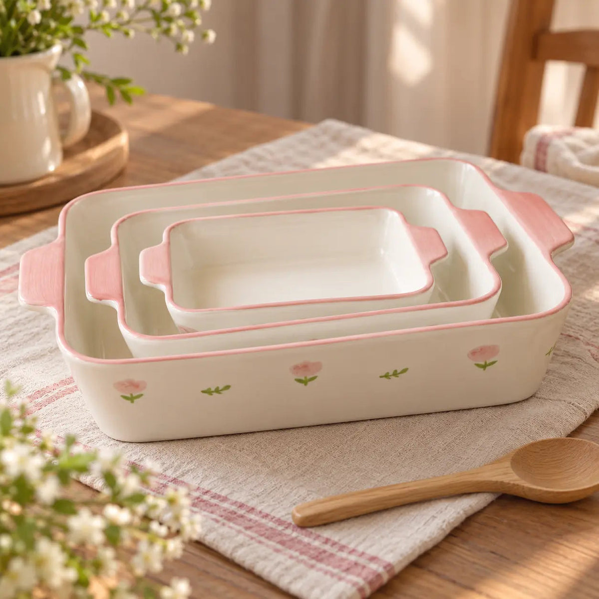 Pastel Floral Ceramic Serving Dish Set – 3 Pieces