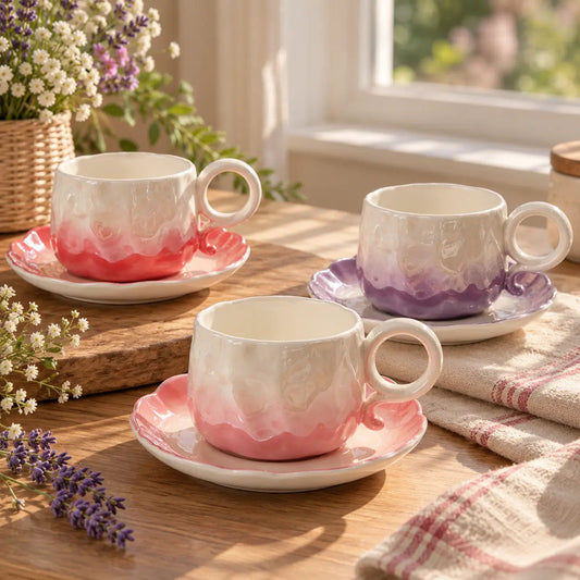 Pastel Ombre Ceramic Cup with Flower Saucer