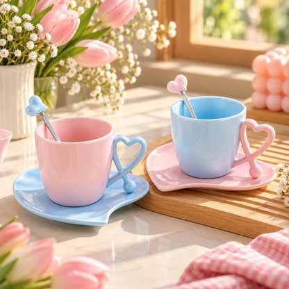 Heart Handle Pastel Ceramic Cup, Saucer & Spoon