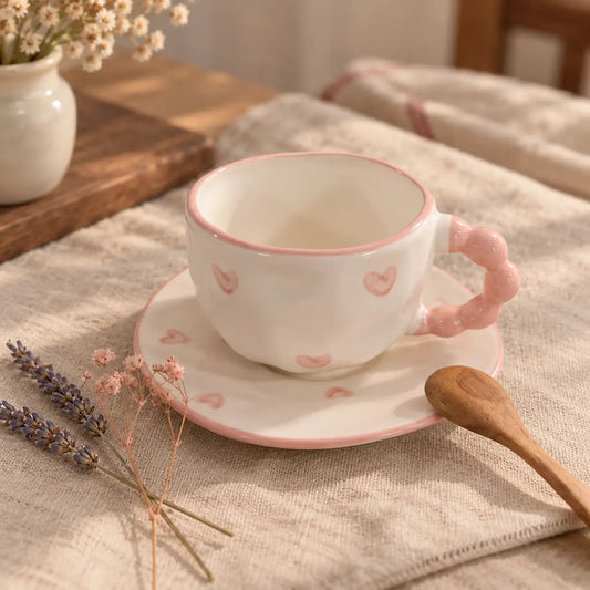 Pink Heart Ceramic Teacup & Saucer with Bubble Handle