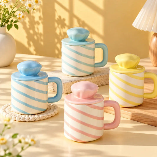 Pastel Stripe Ceramic Coffee Mug with Lid