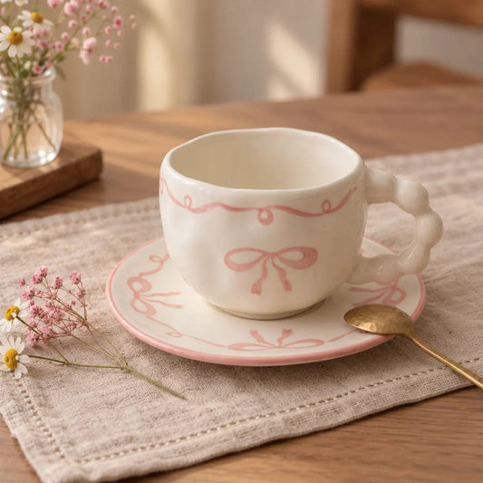Pink Ribbon Ceramic Teacup with Bow Print Saucer