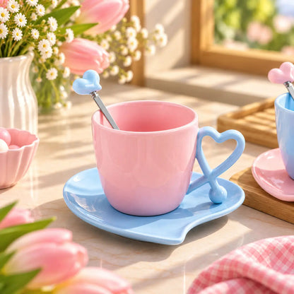 Heart Handle Pastel Ceramic Cup, Saucer & Spoon