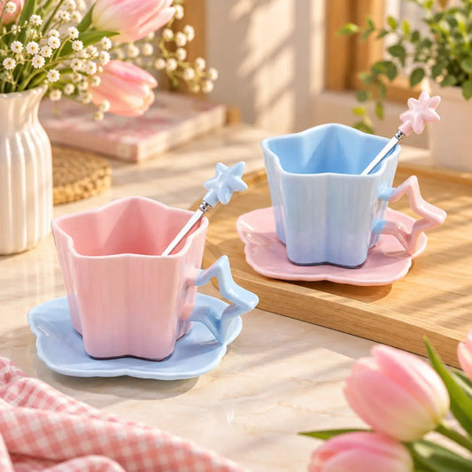 Star Handle Ceramic Cup, Saucer & Spoon Set