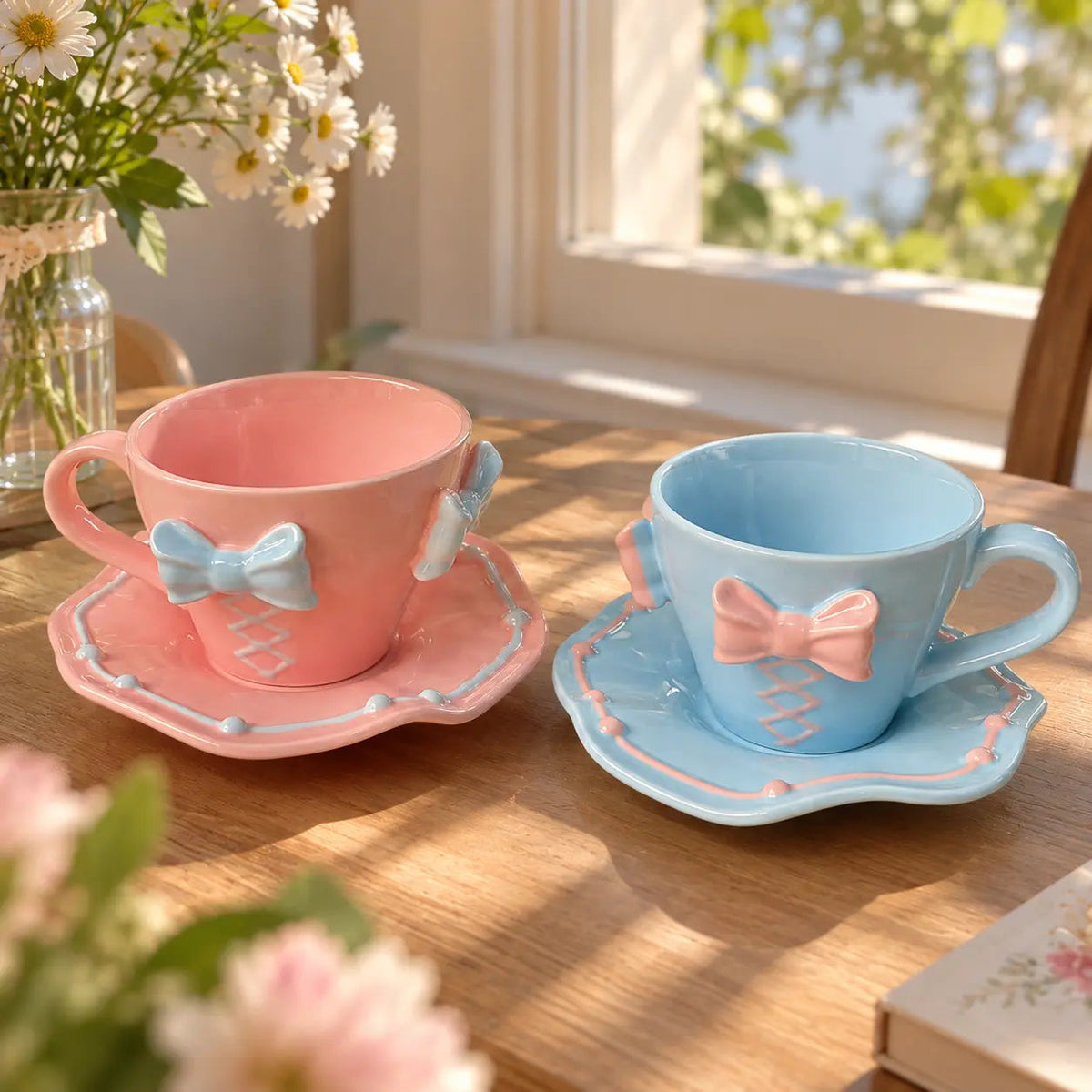 Pastel Bow Ceramic Teacup with Saucer