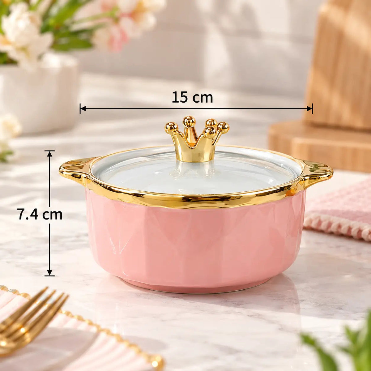 Crown Lid Ceramic Serving Bowl with Gold Trim