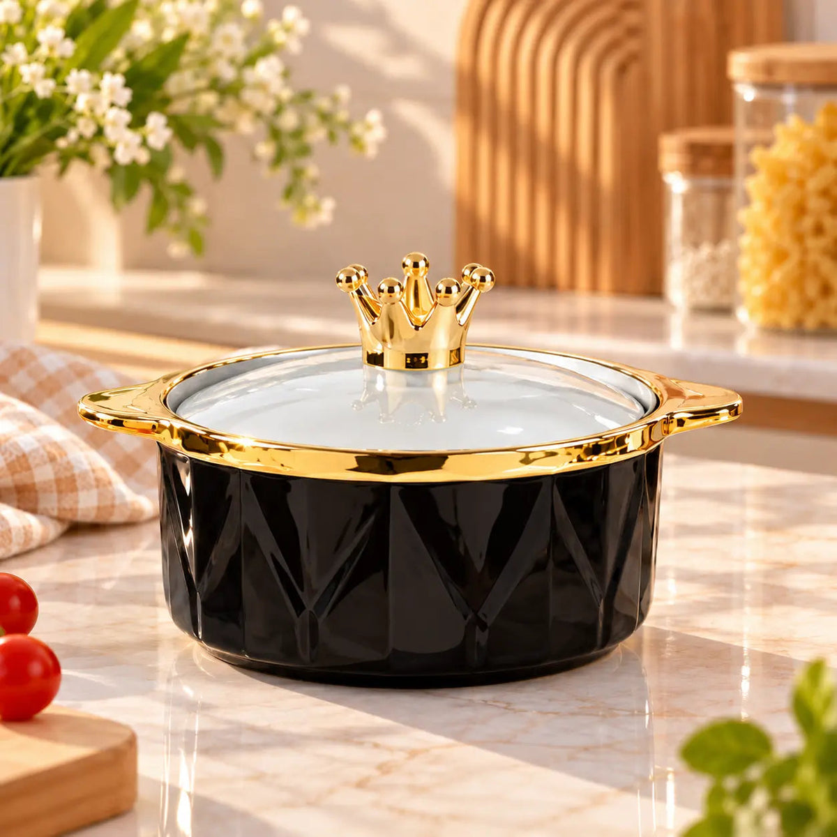 Crown Lid Ceramic Serving Bowl with Gold Trim