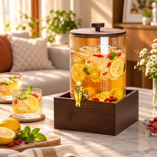 3.6L Ribbed Glass Beverage Dispenser with Wood Base