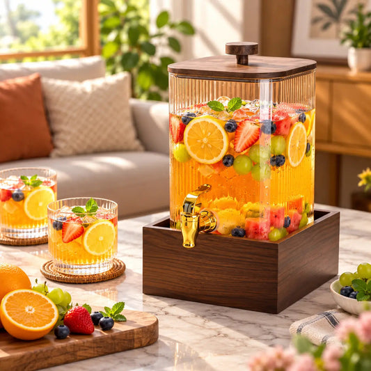 4.2L Ribbed Glass Drink Dispenser with Wooden Stand