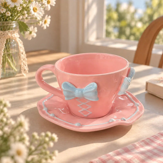 Pastel Bow Ceramic Teacup with Saucer