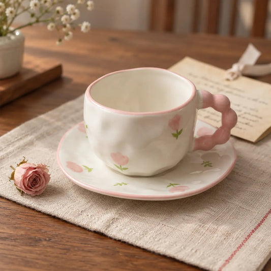 Pink Tulip Ceramic Coffee Cup & Saucer Set