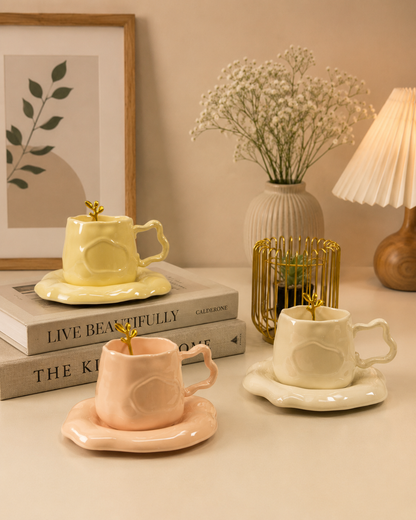 Liquid Silk Coffee Duo – Sculptural Melted-Style Ceramic Cup & Gold Spoon Set