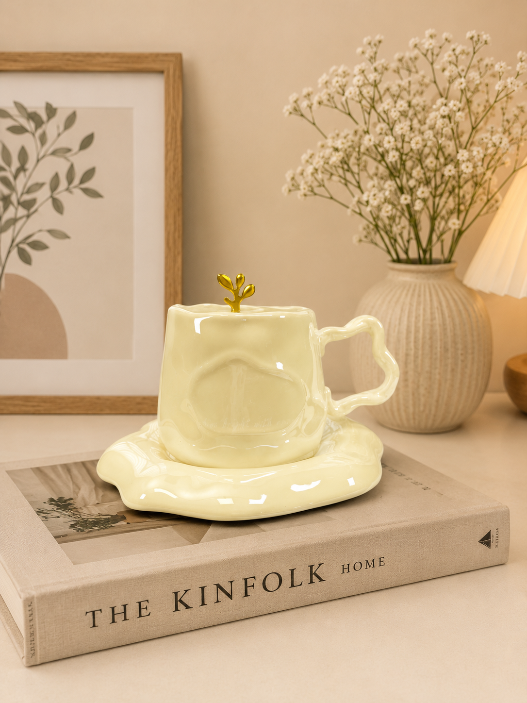 Liquid Silk Coffee Duo – Sculptural Melted-Style Ceramic Cup & Gold Spoon Set