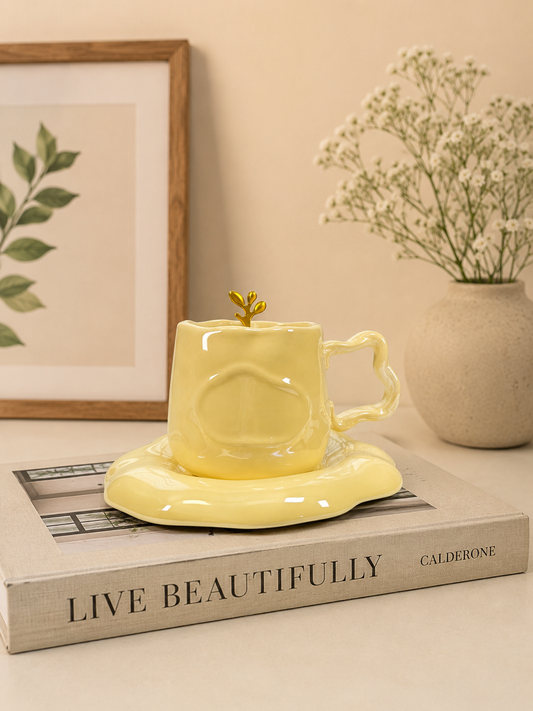 Liquid Silk Coffee Duo – Sculptural Melted-Style Ceramic Cup & Gold Spoon Set