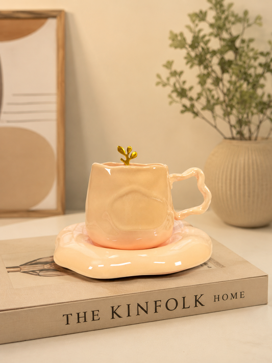 Liquid Silk Coffee Duo – Sculptural Melted-Style Ceramic Cup & Gold Spoon Set
