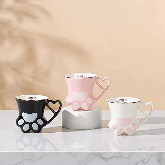 Kawaii Cat Paw Ceramic Mug with Heart Handle 🐾 Aesthetic Coffee Cup & Star Spoon Set