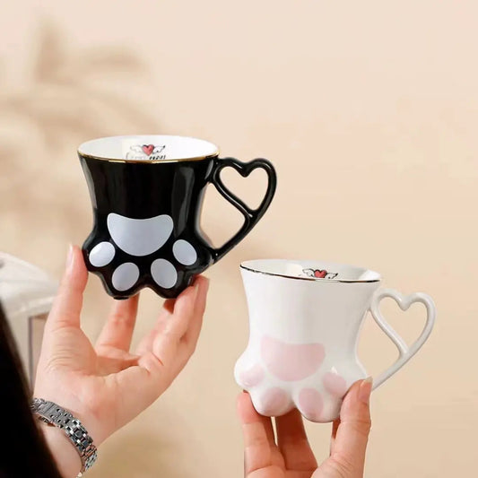 Kawaii Cat Paw Ceramic Mug with Heart Handle 🐾 Aesthetic Coffee Cup & Star Spoon Set