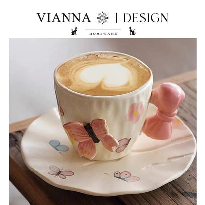 Papillon Duo – Artisan Butterfly & Bow Ceramic Cup with Sculptural Floral Saucer