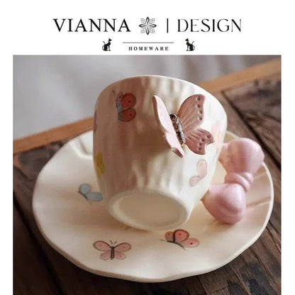 Papillon Duo – Artisan Butterfly & Bow Ceramic Cup with Sculptural Floral Saucer