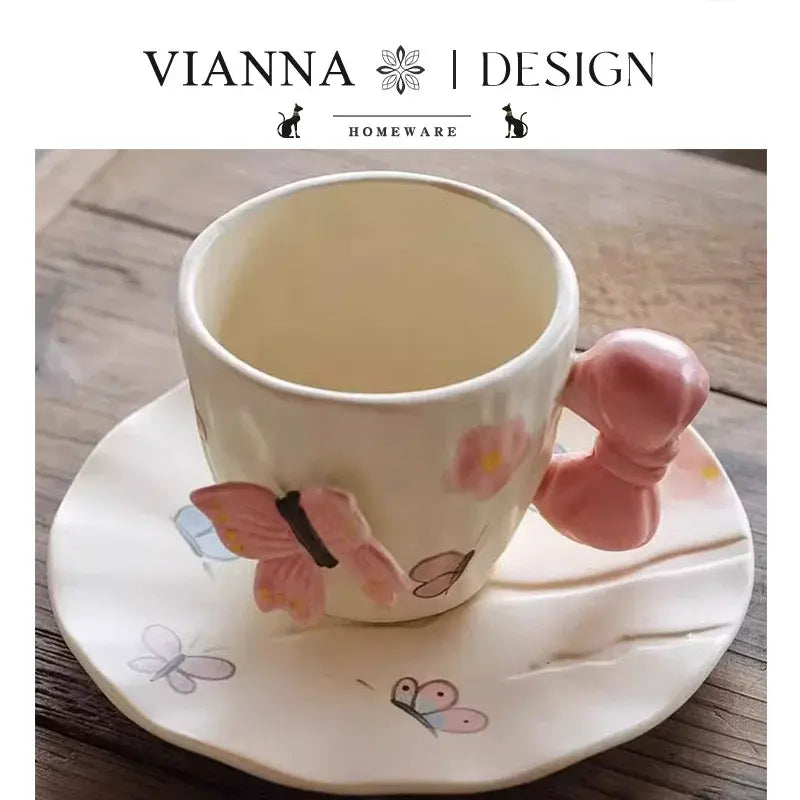 Papillon Duo – Artisan Butterfly & Bow Ceramic Cup with Sculptural Floral Saucer