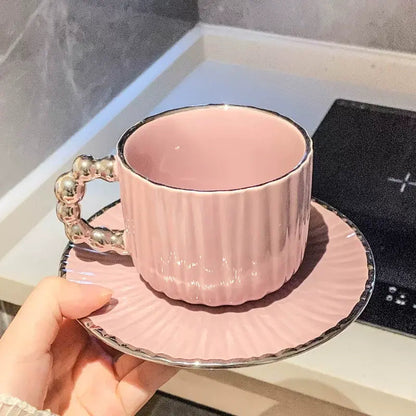 Luxe Pearl Handle Ceramic Mug & Saucer – Ribbed Aesthetic Tea Cup (280ml)