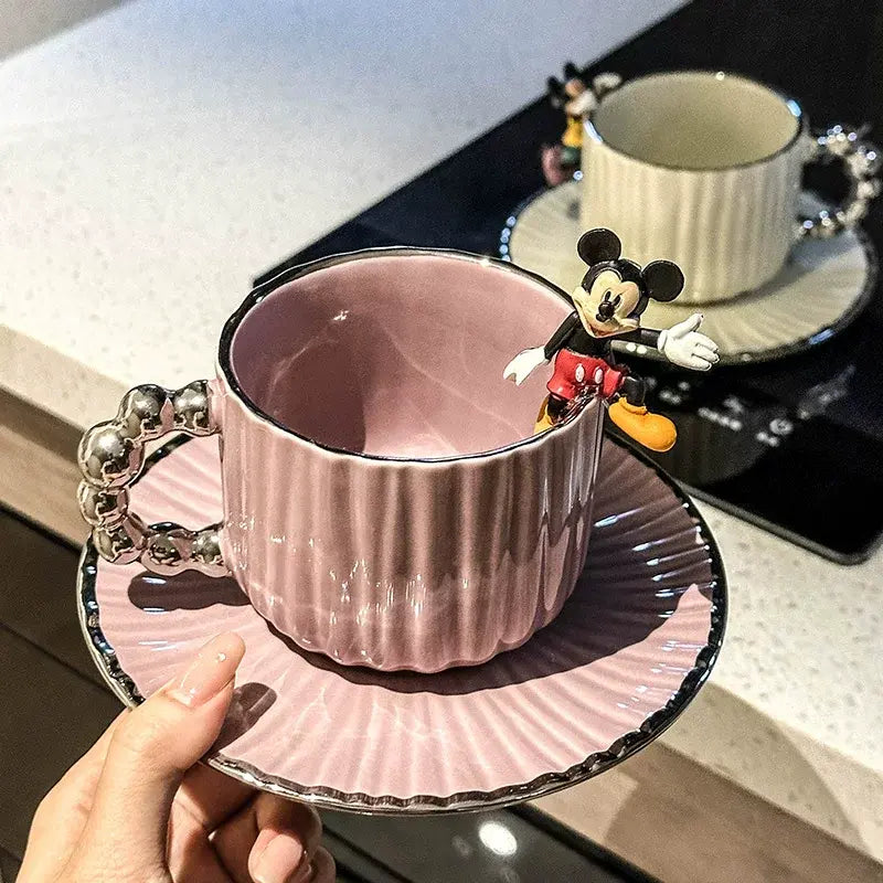 Luxe Pearl Handle Ceramic Mug & Saucer – Ribbed Aesthetic Tea Cup (280ml)