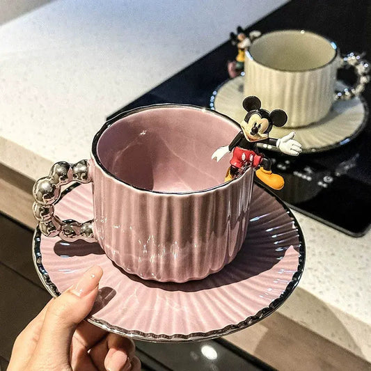 Luxe Pearl Handle Ceramic Mug & Saucer – Ribbed Aesthetic Tea Cup (280ml)