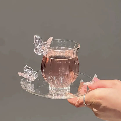 Elegant Butterfly Glass Coffee Cup & Saucer – Aesthetic Crystal Teacup Set