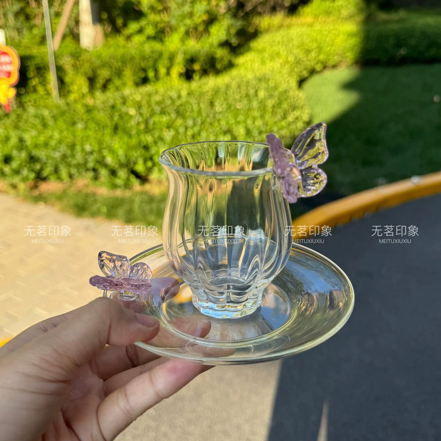 Elegant Butterfly Glass Coffee Cup & Saucer – Aesthetic Crystal Teacup Set