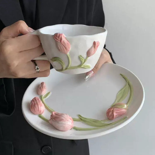 Handmade 3D Tulip Ceramic Cup & Saucer – Floral Embossed Coffee Mug & Snack Plate Set 🌷