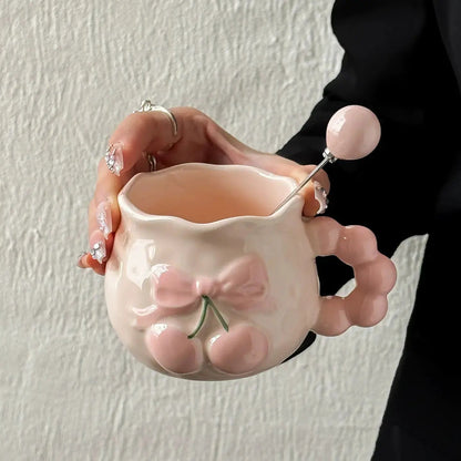 Peach & Bow Ceramic Mug with Beaded Handle